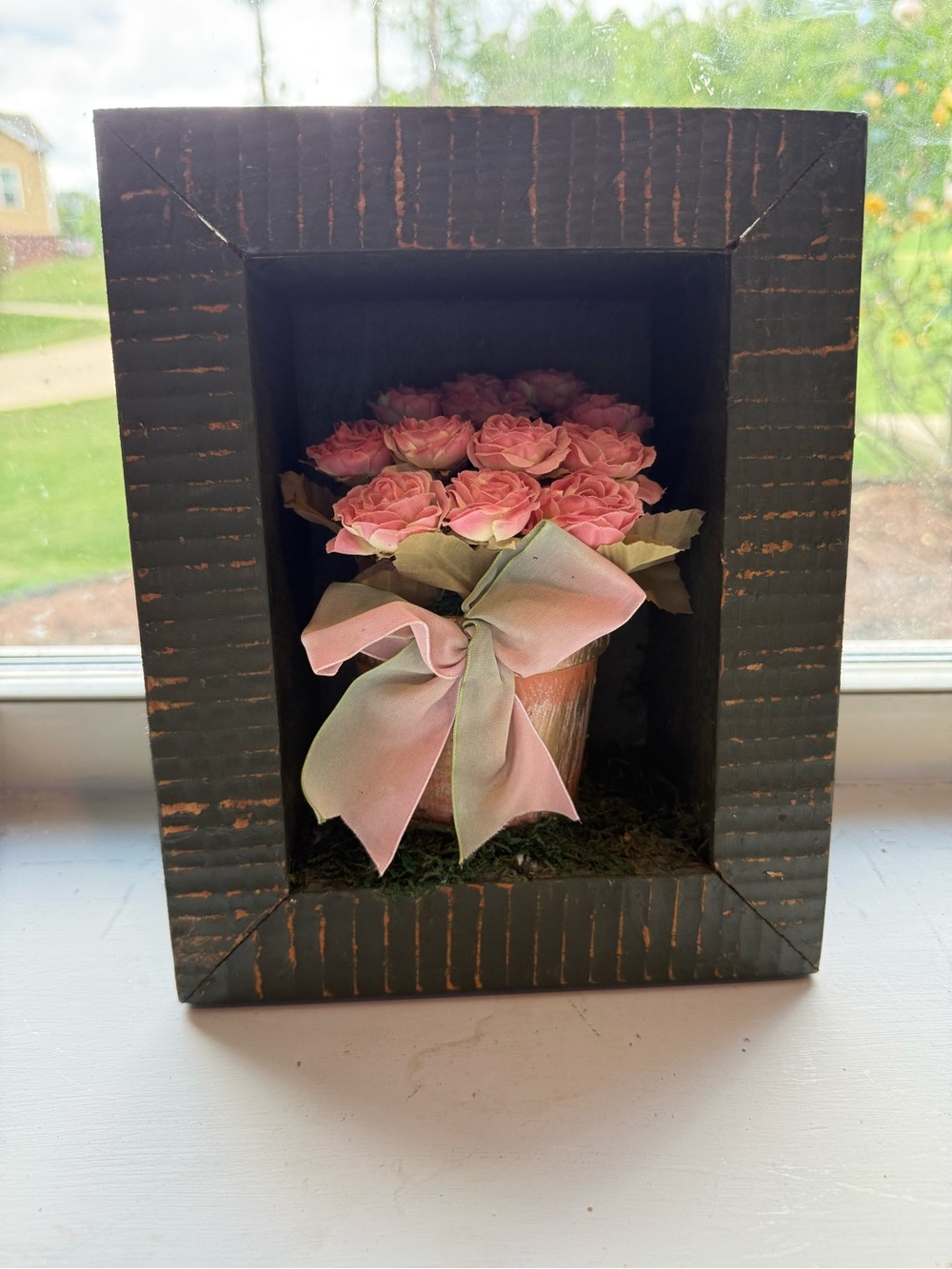 Pink Rose Arrangement in Rustic Shadow Box